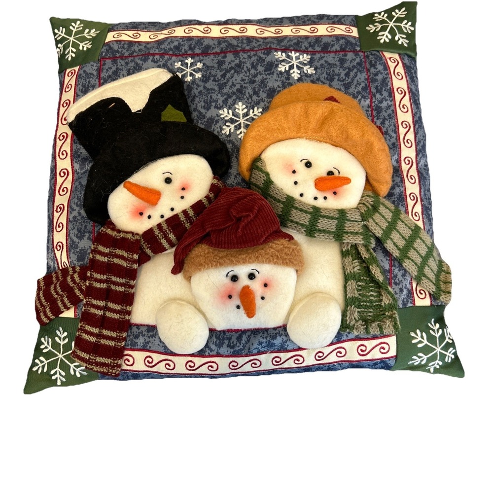 Vintage 1990s St‎ Nicholas Square Snowman Fabric Pillow 15x15 Holiday Christmas